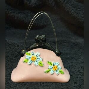 Miniature porcelain handbag. Pink with Floral Design